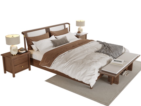 新中式卧室 双人床 床尾凳su模型