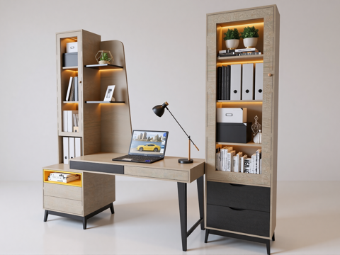 现代书桌 工作桌 书柜 摆件 书房su模型