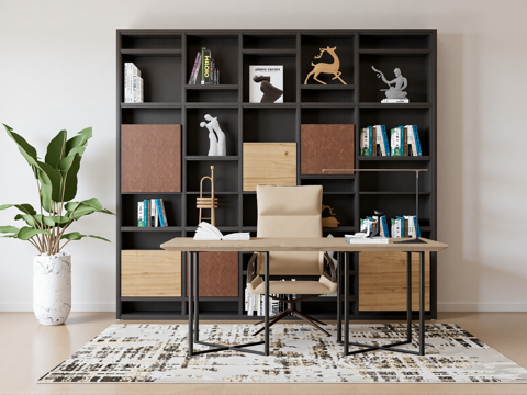 现代书桌 工作桌 书柜 摆件 书房su模型