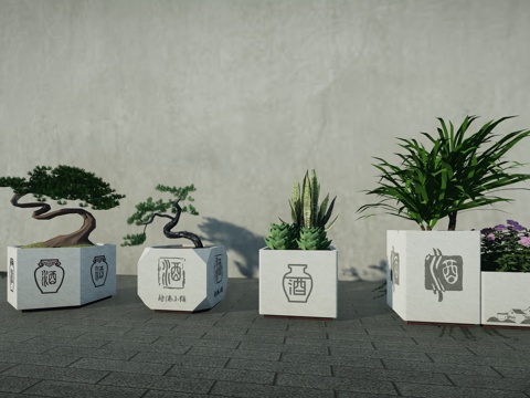 中式现代景观花箱新中式诗酒文化花草花箱石质外摆植物花箱su模型