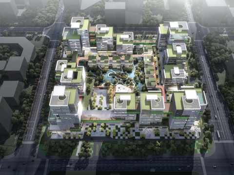 现代产业园 方形 空中绿化su模型