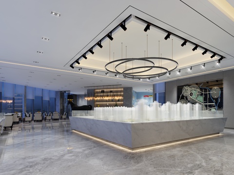  现代售楼部 前台 沙盘 洽谈区 水吧台3d模型 