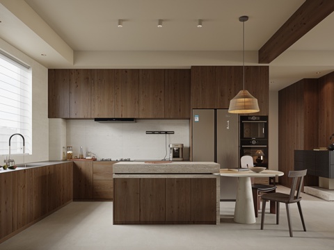 侘寂风厨房 L型橱柜 油烟机 蒸烤箱 厨房用品 冰箱 中岛台su模型