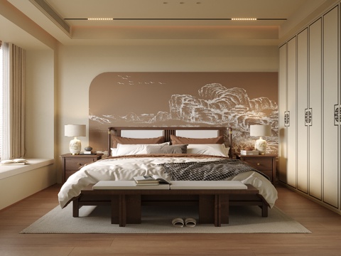 新中式卧室 双人床su模型