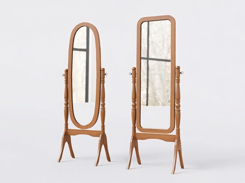 立式落地镜 全身镜 椭圆长方形镜子 木质框架落地镜su模型