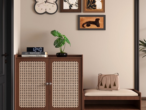 侘寂中古矮鞋柜 藤编鞋柜 换鞋凳su模型