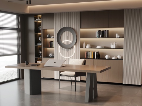 现代意式书房 书桌椅 书柜su模型