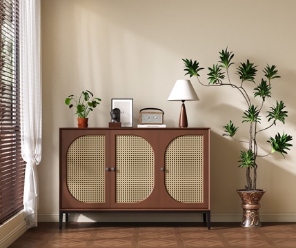 侘寂中古风餐边柜 玄关柜 藤编柜门边柜su模型