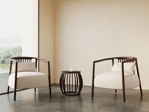 新中式休闲椅 洽谈桌椅 单人沙发su模型