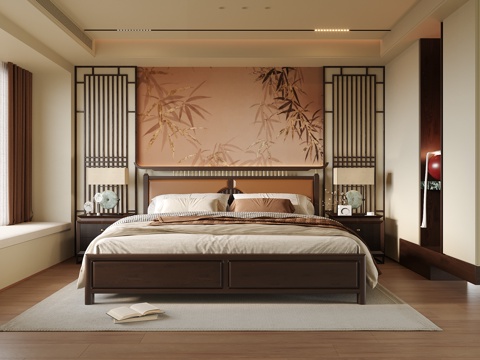 现代卧室 双人床su模型