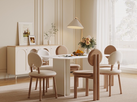 法式奶油风餐厅 餐桌椅 餐边柜 落地灯su模型