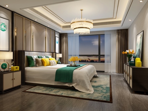  新中式主卧室3d模型 