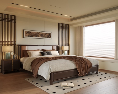  宋式卧室 双人床 床头柜3d模型 