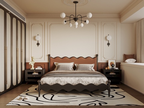  法式复古主卧卧室 复古床头背景 双人床 梳妆台 床头柜3d模型 