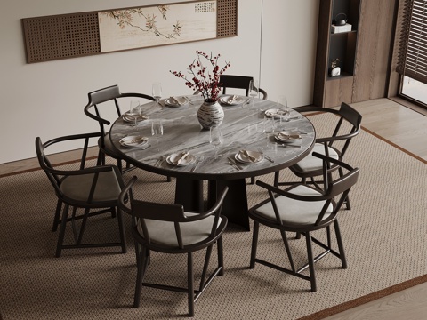 新中式餐桌椅 实木圆桌su模型