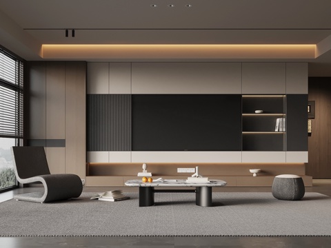  现代意式客厅 电视背景墙 沙发茶几组合3d模型 