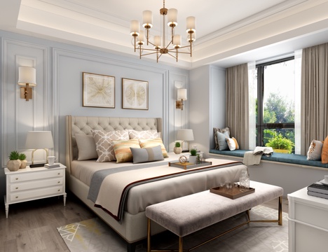  美式卧室 美式床挂画边几3d模型 