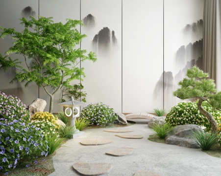  新中式庭院景观小品日式枯山水石石灯石磨景观小品3d模型 