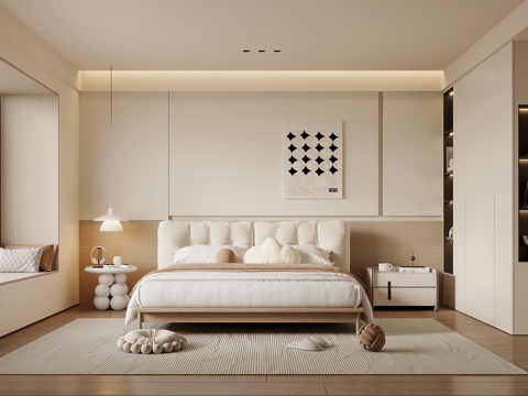 现代奶油风卧室 主卧 双人床 床头柜 衣柜su模型