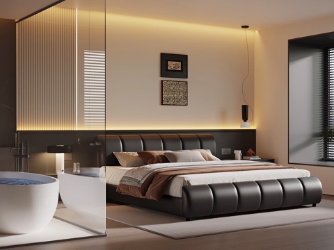 现代意式卧室 双人床su模型