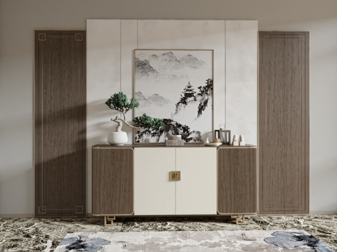新中式端景柜 条案su模型