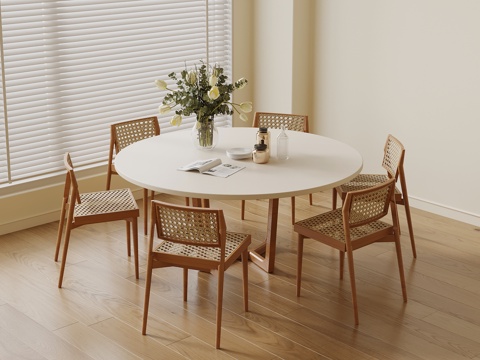 侘寂中古餐桌椅 圆形餐桌椅su模型