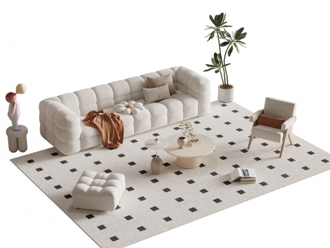 现代奶油风沙发茶几组合su模型