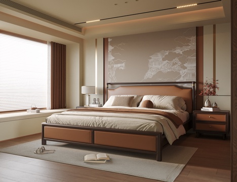 新中式卧室 双人床su模型