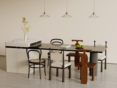 法式中岛餐桌椅 餐桌椅组合su模型