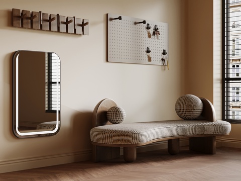 现代中古风换鞋凳 挂钩 洞洞板 镜子su模型