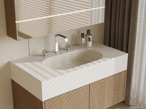 现代奶油风浴室柜 洗手台 镜子su模型