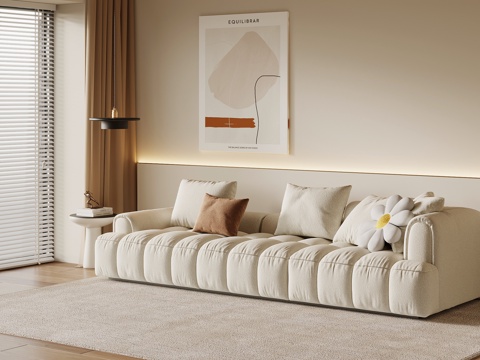 现代奶油风多人沙发 直排沙发 布艺沙发su模型