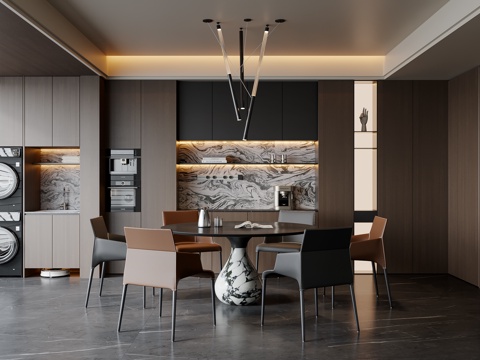 现代意式餐厅 餐桌椅 吊灯 餐边柜 酒柜su模型