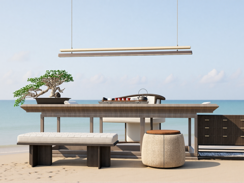 新中式茶桌椅 书桌椅 茶具 吊灯 茶室su模型