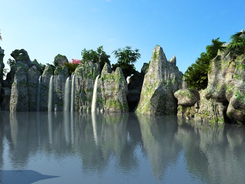  中式假山 瀑布 景观小品 石头 树 山水3d模型 