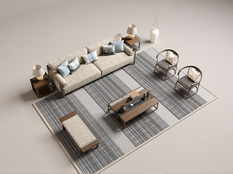 新中式中式沙发组合su模型