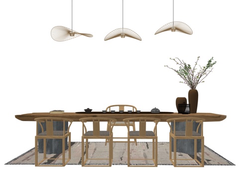 新中式茶桌椅 书桌椅 茶具 吊灯 茶室su模型