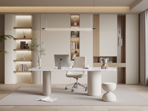 现代奶油风书房 书柜 书桌椅su模型