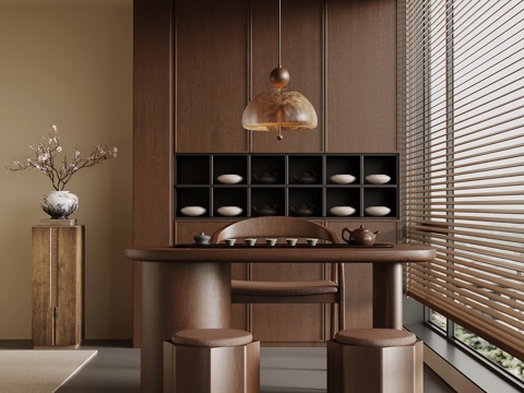 现代中古风茶桌椅 阳台小茶台su模型