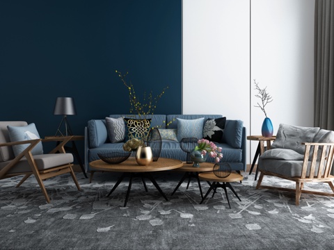  中式北欧客厅沙发茶几组合3d模型 