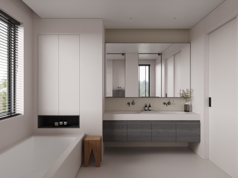  现代卫生间 极简卫生间 简约卫生间 洗手台 嵌入式浴缸 淋浴3d模型 