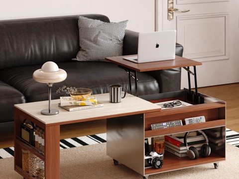  中古风移动茶几 升降移动茶几 中古风实木茶几3d模型 