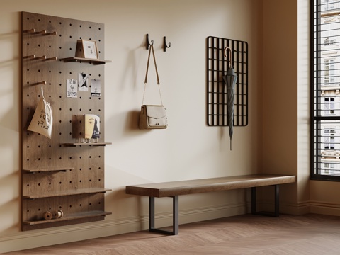 现代中古风换鞋凳 挂钩 洞洞板su模型