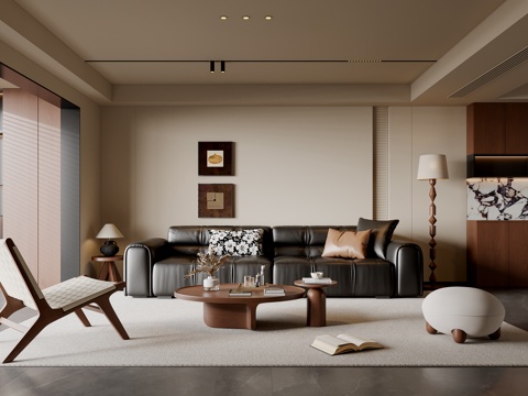 现代中古风客厅 沙发茶几 多人沙发 休闲椅 挂画 落地灯 地su模型