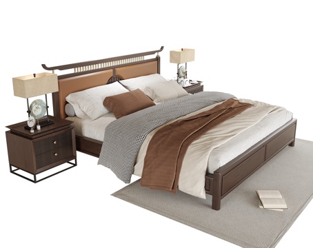 新中式双人床 床头柜su模型