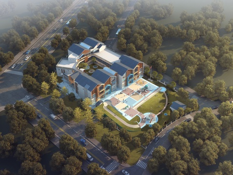  现代 幼儿园建筑 鸟瞰3D模型3d模型 