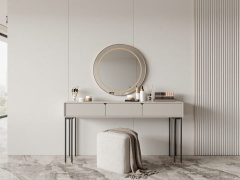 现代梳妆台 摆件 镜子 沙发凳su模型