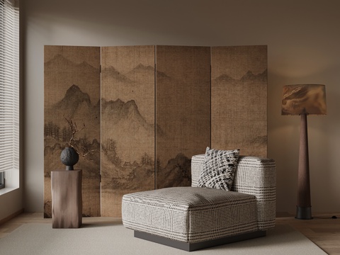 现代中古风沙发 休闲椅 屏风su模型