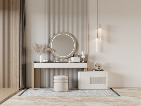 现代梳妆台 摆件 镜子 沙发凳su模型