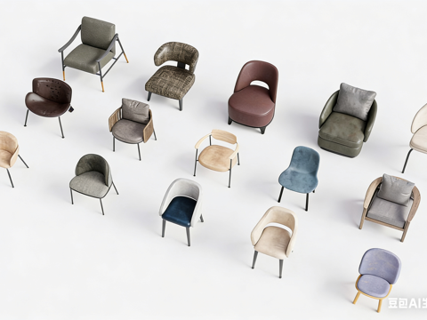  现代椅子 多风格单人椅 绒面革皮革织物su模型 